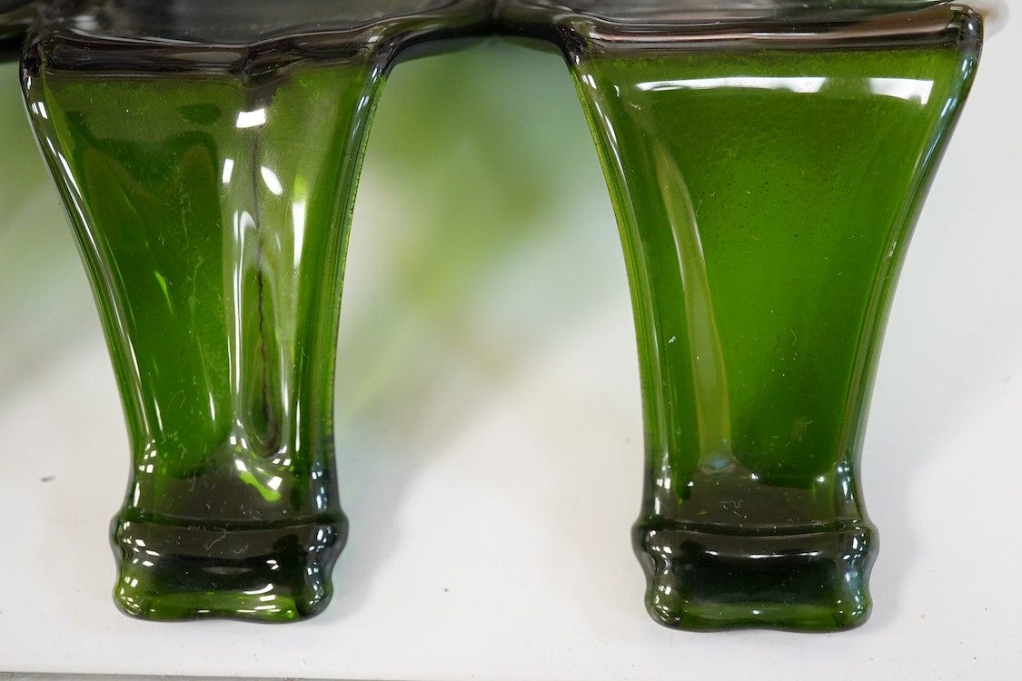 A Mary Canny green art glass, three sectioned ‘Champagne tray’, 29.5cm deep x 30.5cm wide